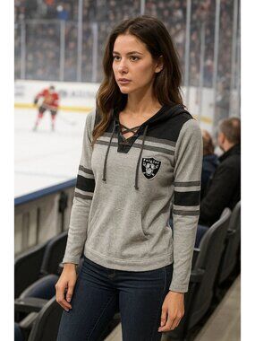 Antigua Las Vegas Raiders Gray & Black Lace-Up Hoodie Hockey Style Womens Medium